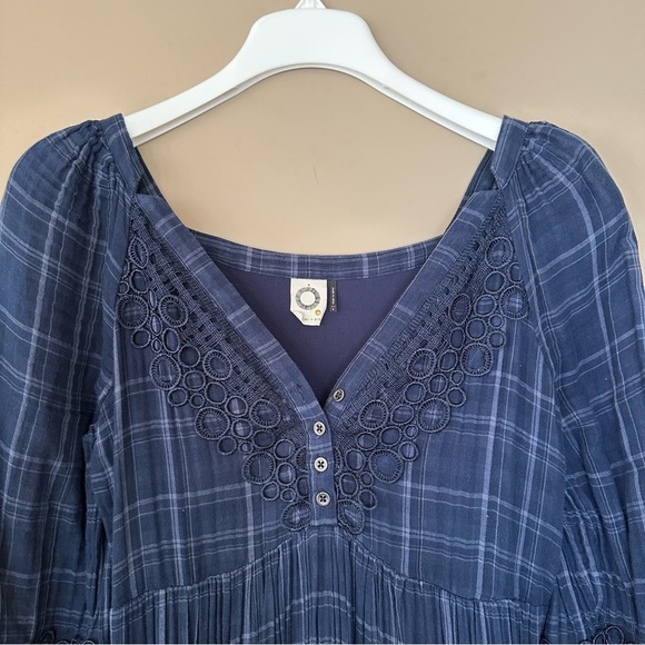 Anthropologie’s Akemi Kin Sz 2 Cottagecore Dress Navy Blue Plaid Codie Lace - Picture 7 of 16